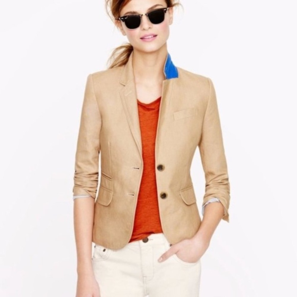 J. Crew Tan Blazer with Blue Collar Accent